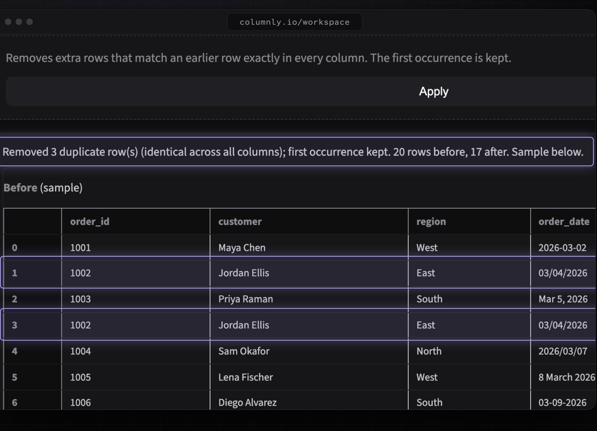 Duplicate rows highlighted in the columnly workspace