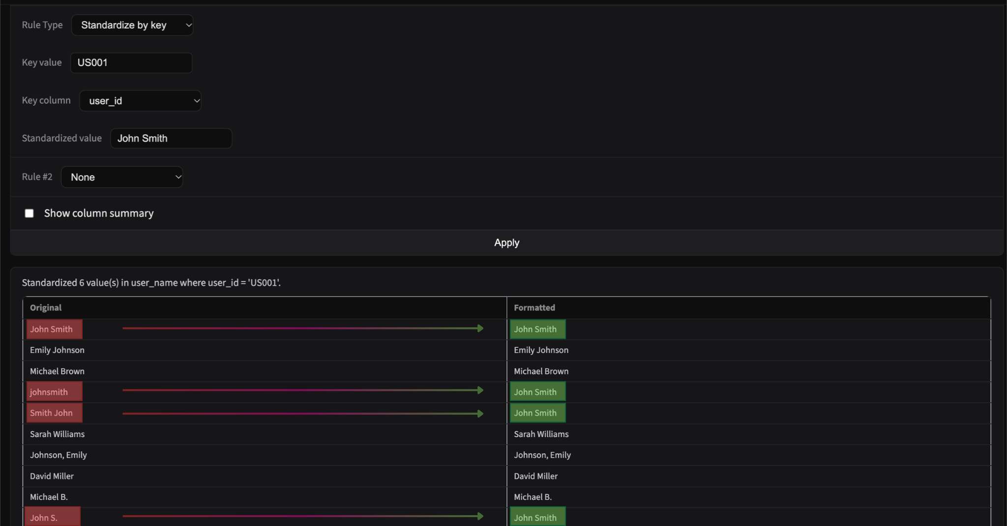 Standardize data based on a key value